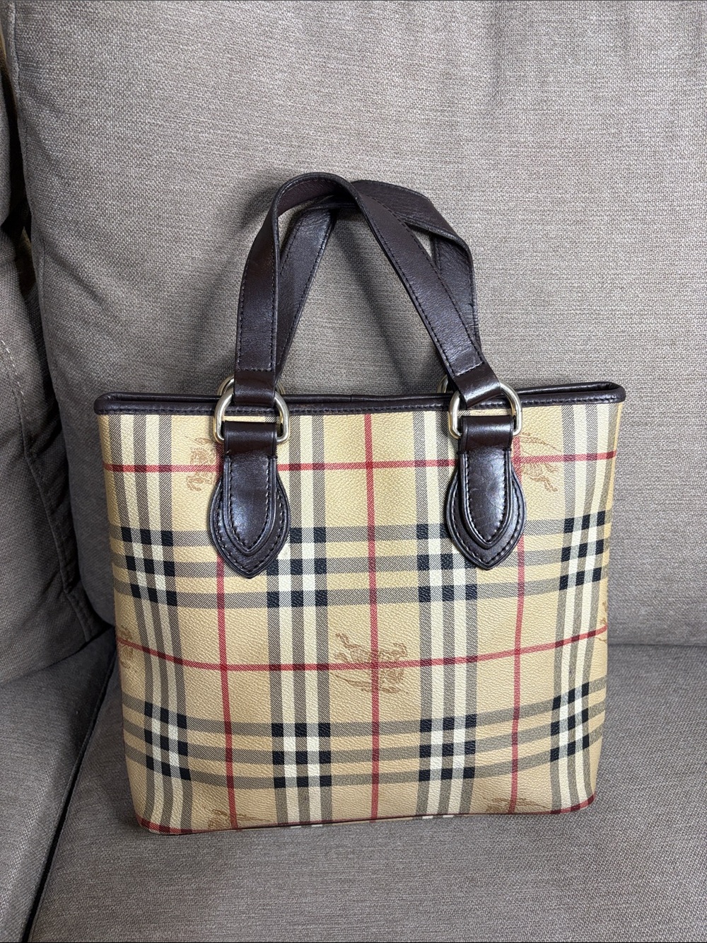 Burberry Vintage Small Haymarket Check Tote Brown Leather Trim with COA - Picture 2 of 15